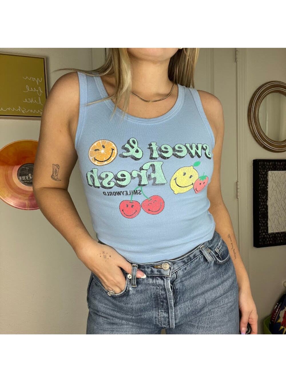 Light Blue Smiley World Fresh & Sweet Graphic Cropped Tank Sz S